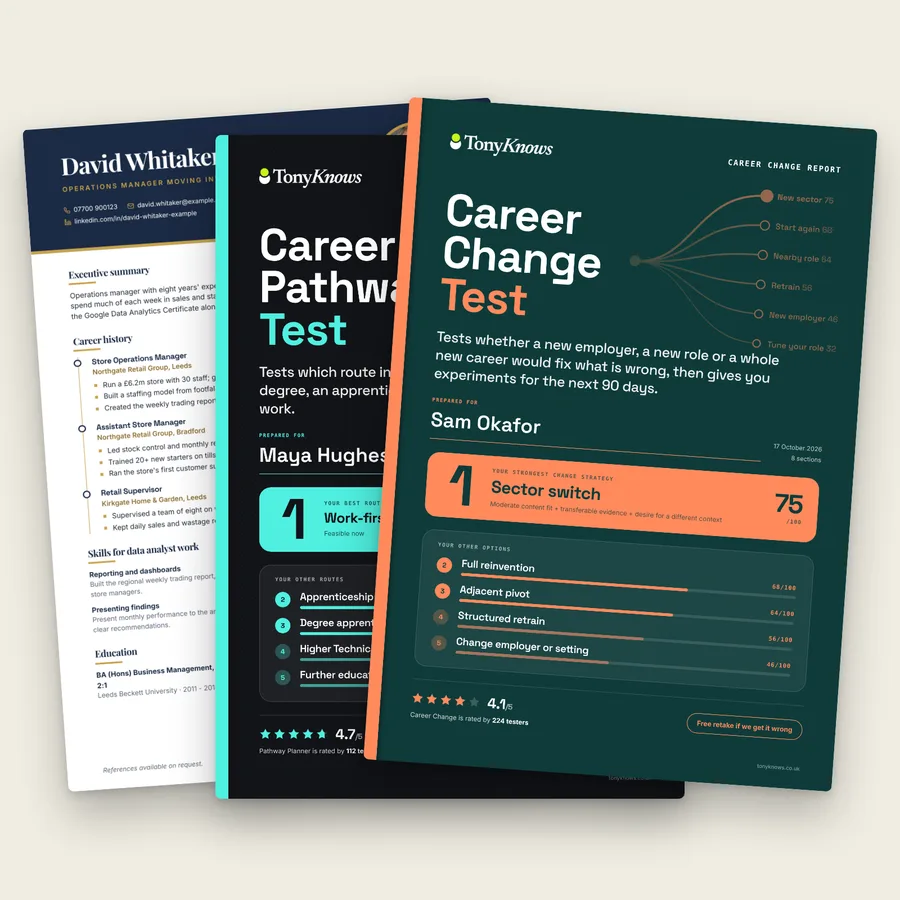 Career Change Kit: the printed Career Change and Pathway Planner reports with a CV from CV Studio