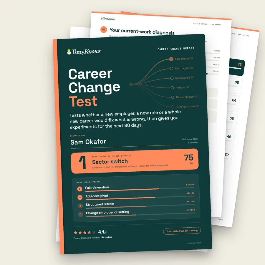 Career change aptitude test: the printed Career Change report, cover page with report pages behind it