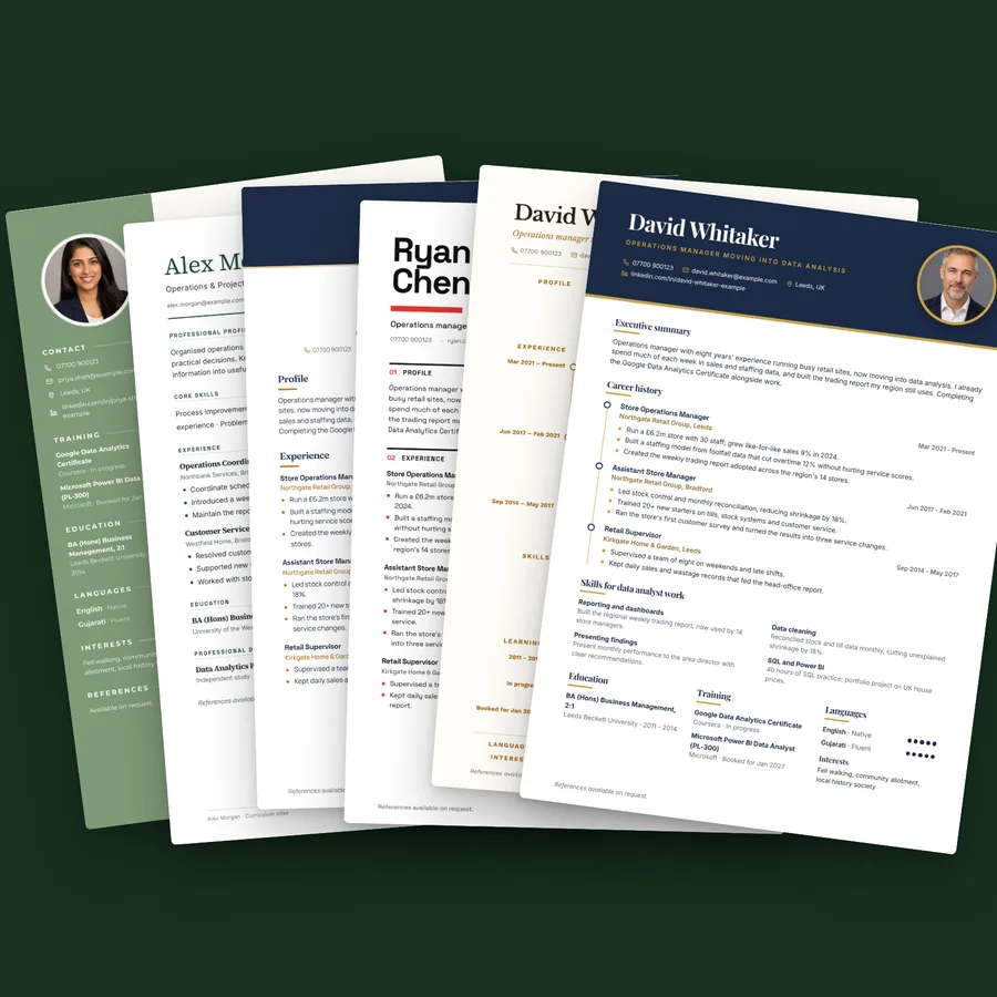 TonyKnows CV templates filled in with example CVs