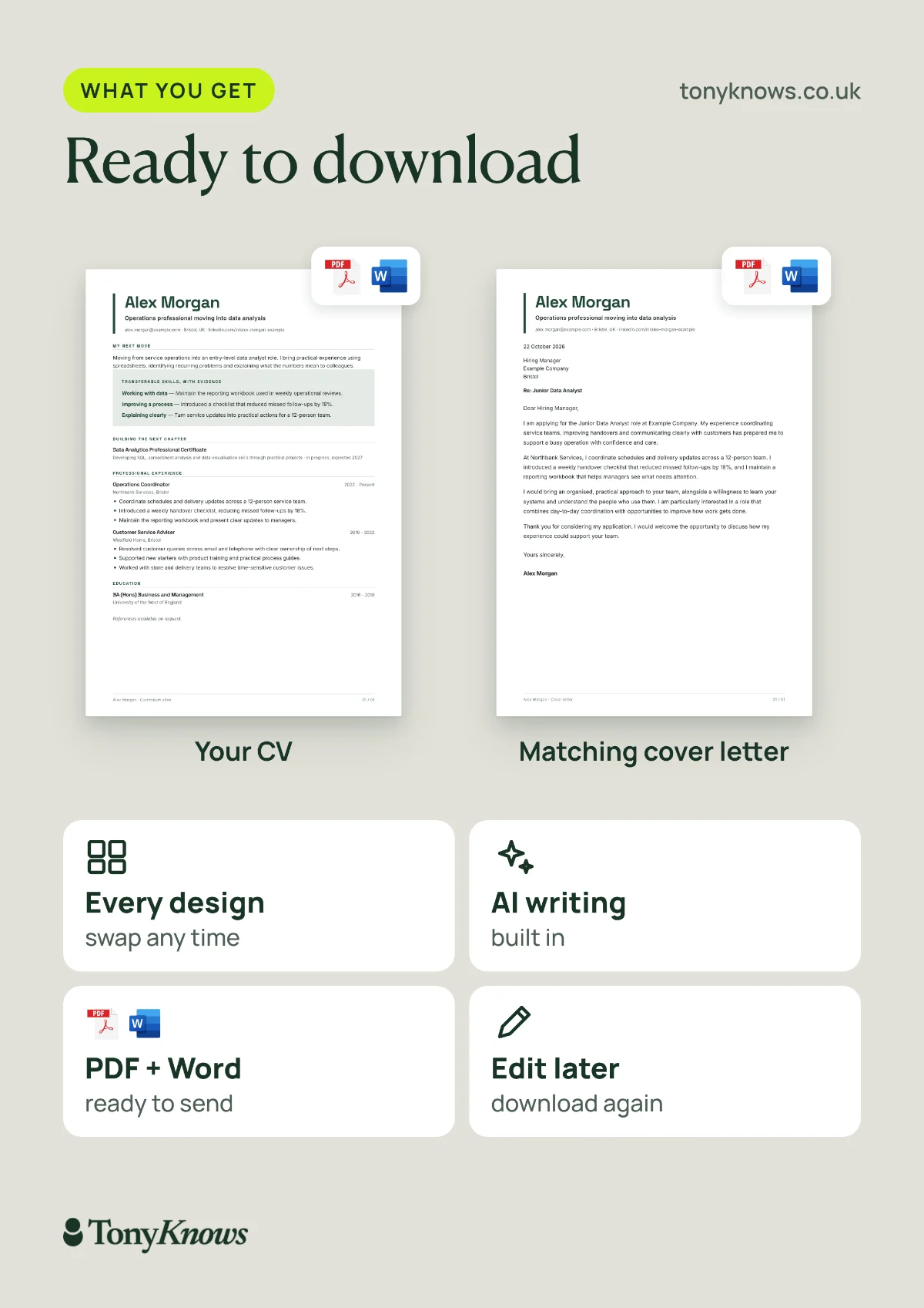 Pivot CV template download: your CV and matching cover letter as PDF and Word files, with every design, AI writing built in, and edits and downloads again any time