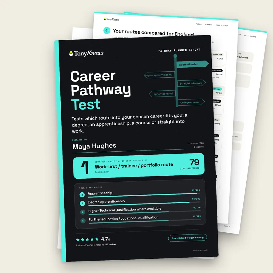 Career pathway test: the printed Pathway Planner report, cover page with report pages behind it
